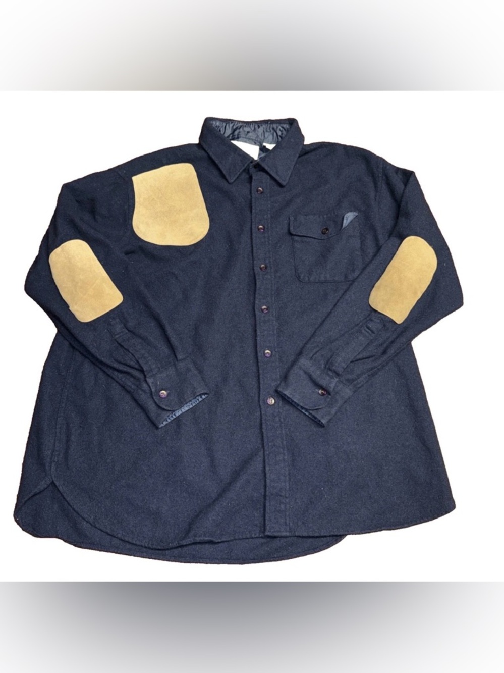 Gander Mountain 3XLT Navy Blue Leather Patches Button Up Wool Shirt Long‎ Sleeve